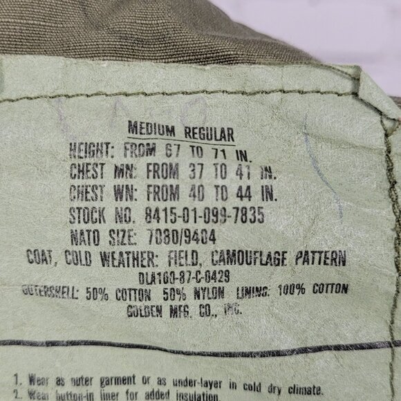 US Army Camo Cold Weather Field Jacket Zip Snap Military Army Medium M - Picture 3 of 14